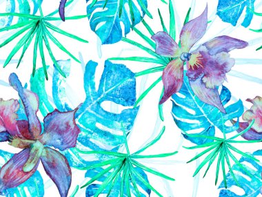 Orkide Kusursuz Desen. Orkideli mayo baskısı, Palm Leaves. Suluboya Çiçek Geçmişi. Tropik Yaz Baskısı. Mavi ve İndigo Egzotik Hawaii Tasarımı. Tayland Döşeme Dokusu.