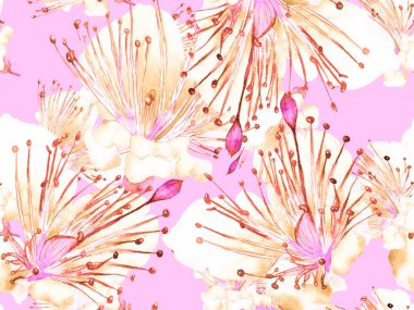 Kalın Çiçek deseni. Pembe ve Sarı Arkaplanda Büyük Hawaii Kusursuz Parmak İzi. Geniş Orman Baharı Sulu Boyalı Lilikoi Sonsuz Geçmişi. Modern Kalın Çiçek Deseni.