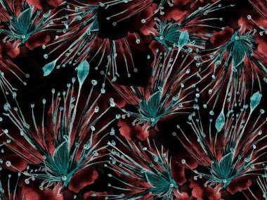 Bold Floral Print. Kızıl Arkaplanda Büyük Orman Kusursuz Parmak İzi. Büyük Hawaii Bahar Suyu Granadilla Sonsuz Arkaplan. Moda Kalın Çiçek Yazdırma.