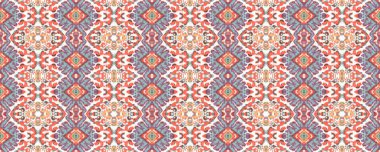 Ikat Yatay Doku. Suluboya El Yazması Batik. Psikedelik arka plan. Allover Etnik Mayo Tasarımı Geometrik Etnik Kusursuz Şablon. Mavi ve Terracotta Simetrik Sınır Uyumu.
