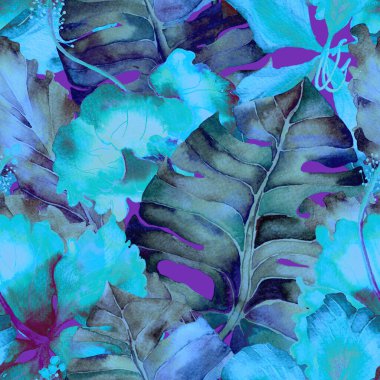 Egzotik desen. Suluboya tropik çiçekler ve canavar yaprakları. Palm ve Hibiscus ormanları pürüzsüz. Bahar Hawaii suluboya geçmişi. Avuç içleri, canavarlar, mayo izleri..
