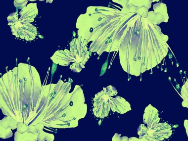 Cesur soyut çiçek deseni. Büyük Tropikal Kusursuz Mavi Parmak İzi, Indigo Arkaplan. Büyük Orman Bahar Suluboya Tutku Meyvesi Sonsuz Arkaplan. Modern Kalın Soyut Çiçek Deseni.