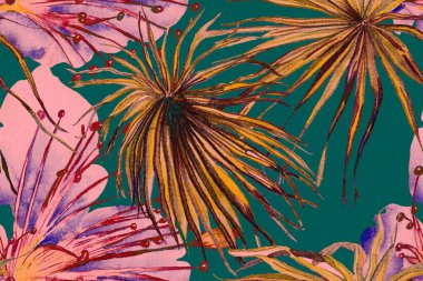 Palmiye yapraklarının eğlenceli dokusu. Etnik Aloha İlişkisi. Egzotik Bikini Özgeçmişi. Tropikal Kusursuz Desen. Yeşil ve Kırmızı Suluboya Yatay Tropik Tasarım. Palm Geometric Mayo Kalıbı.