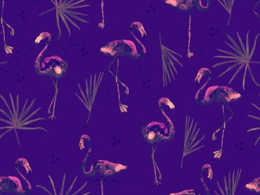 Büyük flamingo hipster mor Hawaii 'li kusursuz desen. Yaz tropikal kuşları sonsuz baskıyı suluboya. Yaban kuşlarıyla minimalist geometrik mayo arka planı. Flamingolu yatay fayans.