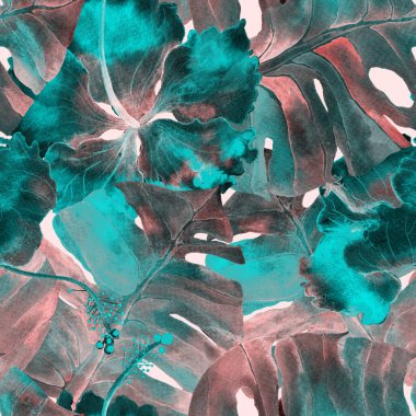 Egzotik desen. Suluboya tropik çiçekler ve canavar yaprakları. Palm ve Hibiscus ormanları pürüzsüz. Bahar Hawaii suluboya geçmişi. Tropik palmiyeler, canavarlar, çiçek desenleri..