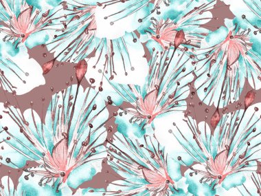 Kalın Çiçekler. Mavi İndigo 'da Geniş Ormansız Parmak İzi. Büyük Hawaii Yaz Sulu Maracuja Sonsuz Arkaplan. Soyut Kalın Çiçek Yazdırma. 