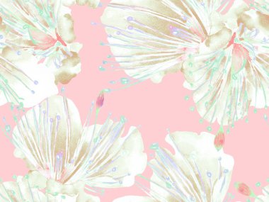 Kalın Çiçekler. Yeşil ve Kırmızı Arkaplanda Büyük Egzotik Kusursuz Parmak izi. Büyük Egzotik Yaz Aquarelle Maracuya Sonsuz Arkaplan. Soyut Kalın Çiçek Yazdırma. 