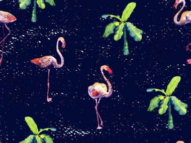 Büyük flamingo hippi yeşil Hawaii 'nin kusursuz deseni. Yaz tropikal kuşları sonsuz baskıyı suluboya. Doymuş hippi mayo, tüylü kuşları olan fayanslar. Suluboya yatay fayans.