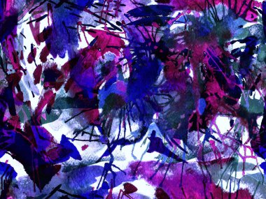 Sıvı, pürüzsüz desen. Mor suluboya fırça darbesi grunge tasarımı. Suluboya kaotik sıçrama boya tasarımı. Kademeli mürekkep lekeleri. Çamur tabakası. Sıvı damlayan fırça sonsuz iz. 