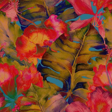 Yeşil Kırmızı Egzotik desen. Suluboya tropik yapraklar. Palm ve Hibiscus bitkileri kusursuz desende. Bahar Hawaii suluboya geçmişi. Tropik palmiyeler, canavarlar, çiçek desenleri..