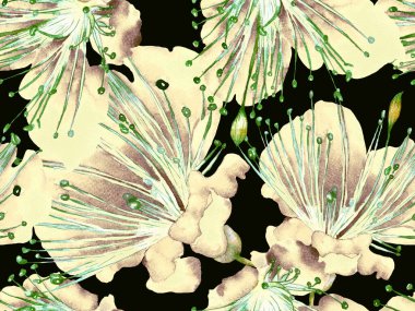 Cesur soyut çiçek deseni. Yeşil Arkaplanda Büyük Orman Kusursuz Parmak izi. Büyük Orman Baharı Sulu Boyalı Lilikoi Sonsuz Arkaplan. Modern Kalın Soyut Çiçek Deseni.