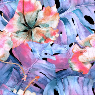 Tatil düzeni. Suluboya tropik çiçekler ve canavar yaprakları. Palm ve Hibiscus ormanları pürüzsüz. Yaz Hawaii suluboya geçmişi. Avuç içleri, canavarlar, mayo izleri..