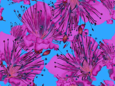 Çiçek desenli moda. Mavi ve Kırmızı Arkaplanda Büyük Hawaii Kusursuz Parmak izi. Büyük Hawaii Yaz Sulu Lilikoi Sonsuz Geçmişi. Rastgele Çiçek Deseni.