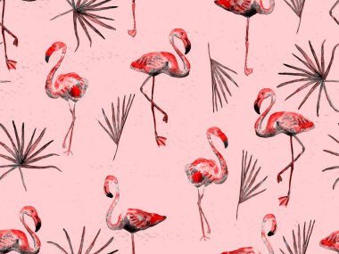 Büyük flamingo hippi kızıl Hawaii 'nin kusursuz deseni. Yaz tropikal kuşları sonsuz baskıyı suluboya. Yaban kuşlarıyla minimalist geometrik mayo arka planı. Flamingolu yatay fayans.