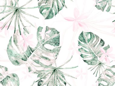 Orkide Kusursuz Desen. Orkideli yeşil ve kırmızı mayo baskısı, Palm Leaves. Egzotik Hawaii Tasarımı. Tayland döşeme dokusu. Suluboya Çiçek Geçmişi. Tropik Yaz Yazı Yazdırma.