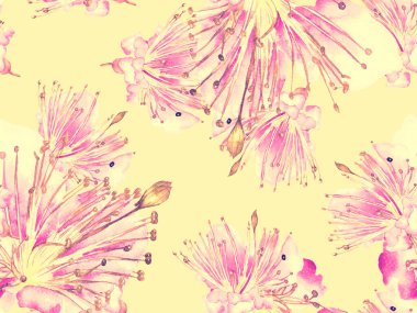 Kalın Çiçekler. Pembe ve Sarı Arkaplanda Büyük Hawaii Kusursuz Parmak izi. Büyük Orman Yazı Maracuya Sonsuz Arkaplanı. Soyut Kalın Çiçek Yazdırma. 