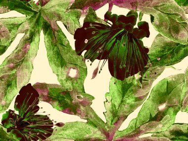 Kalın Çiçekler. Yeşil Arkaplanda Büyük Orman Kusursuz Parmak izi. Büyük Hawaii Yaz Aquarelle Maracuja Sonsuz Arkaplanı. Soyut Kalın Çiçek Yazdırma. 