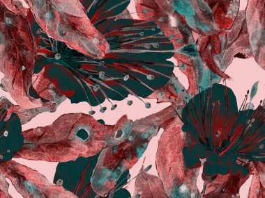 Kalın Çiçekler. Kızıl Arkaplanda Büyük Egzotik Kusursuz Parmak izi. Büyük Hawaii Baharı Maracuja Sonsuz Arkaplanı. Soyut Kalın Çiçek Yazdırma. 