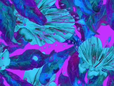 Kalın Çiçek deseni. Mor Arkaplanda Büyük Hawaii Kusursuz Parmak izi. Büyük Egzotik Bahar Kova Lilikoi Sonsuz Arkaplanı. Kalın Çiçek Tasarımı.