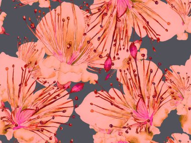 Çiçek desenli moda. Kızıl Arkaplanda Büyük Tropikal Kusursuz Parmak izi. Büyük Orman Yazı Maracuya Sonsuz Arkaplanı. Rastgele Çiçek Deseni.