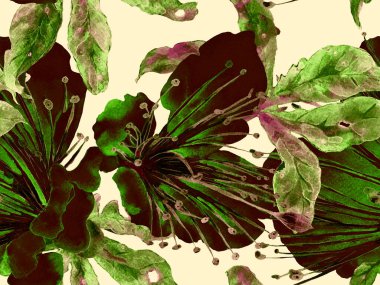 Cesur soyut çiçek deseni. Yeşil Arkaplanda Büyük Egzotik Kusursuz Parmak izi. Büyük Hawaii Baharı. Sonu gelmez Tutku Meyvesi. Modern Kalın Soyut Çiçek Deseni.