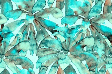 Etnik Aloha İlişkisi. Egzotik Bikini Özgeçmişi. Palmiye yapraklarının eğlenceli dokusu. Tropikal Kusursuz Desen. Turkuaz Mavi Suluboya Yatay Tropik Tasarım. Palm Geometric Mayo Kalıbı.