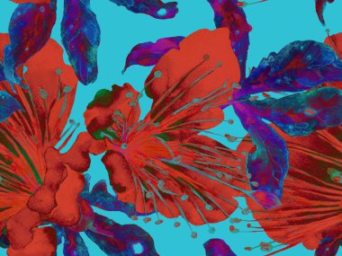 Kalın Çiçek deseni. Yeşil ve Kızıl Arkaplanda Büyük Egzotik Kusursuz Parmak izi. Koca Orman Yaz Kova Lilikoi Sonsuz Arkaplan. Modern Kalın Çiçek Deseni.