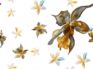 Orkideli mayo baskısı, Palm Leaves. Orkide Kusursuz Desen. Egzotik Hawaii Tasarımı. Tayland döşeme dokusu. Yeşil ve Gri Suluboya Çiçek Arkaplanı. Tropik Yaz Yazı Yazdırma.