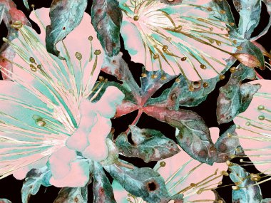 Çiçek desenli moda. Yeşil ve Kırmızı Arkaplanda Büyük Ormansız Parmak izi. Büyük Orman Yazı Maracuja Sonsuz Arkaplanı. Rastgele Çiçek Deseni.