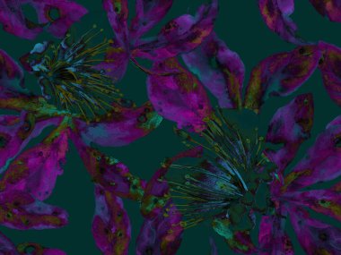 Kalın Çiçekler. Mor Arkaplanda Büyük Hawaii Kusursuz Parmak izi. Büyük Egzotik Yaz Suluboya Lilikoi Sonsuz Geçmişi. Soyut Kalın Çiçek Yazdırma. 