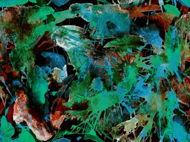 Tehlike izi yok. Yeşil suluboya fırça darbesi grunge tasarımı. Suluboya soyut sıçrama boyası tasarımı. Kademeli mürekkep lekeleri. Çamur tabakası. Sıvı damlayan fırça sonsuz iz. 