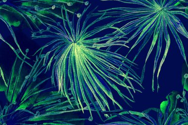 Palmiye yapraklarının eğlenceli dokusu. Etnik Aloha İlişkisi. Egzotik Bikini Özgeçmişi. Tropikal Kusursuz Desen. Suluboya Yatay Tropik Tasarım. Palm Geometric Mayo desenli. Çivit mavisi