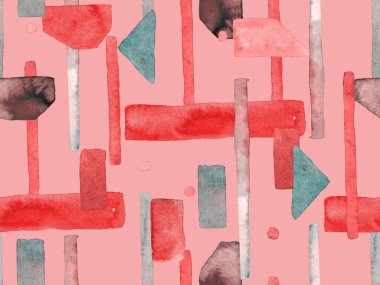 Bauhaus Kusursuz Düzen. Suluboya Geometrik Kırmızı Pembe Çizgiler Tasarımı. Sanat Organik Geo Arkaplanı. Büyük Olağandışı Asgari Parmak izi. Moda Eğlencesi Soyut Boyası Suluboya Renk Çizgileri.