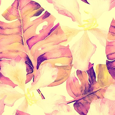 Pembe kırmızı egzotik desen. Suluboya tropik yapraklar. Palm ve Hibiscus bitkileri kusursuz desende. Bahar Hawaii suluboya geçmişi. Tropik palmiyeler, canavarlar, çiçek desenleri..