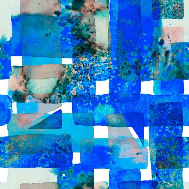 Eğlenceli Geometri. Suluboya Moda Sanatı. Afrika Geo Fırça darbesi. Mavi ve İndigo Bauhaus Kusursuz Şablon. Freehand Suluboya Hatları. 70 'lerin Renkli Kübizm İllüstrasyonu. Organik Arkaplan.