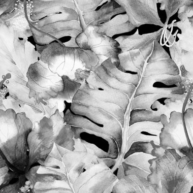 Tropikal desen. Suluboya egzotik çiçekler ve canavar yaprakları. Palm ve Hibiscus bitkileri kusursuz desende. Yaz Hawaii suluboya geçmişi. Tropik palmiyeler, canavarlar, çiçek desenleri..