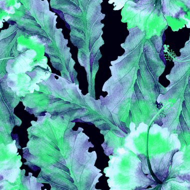 Tatil düzeni. Suluboya tropik çiçekler ve canavar yaprakları. Palm ve Hibiscus bitkileri kusursuz desende. Bahar Hawaii suluboya geçmişi. Tropik palmiyeler, canavarlar, çiçek desenleri..