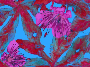 Cesur Çiçek Tasarımı. Mor Arkaplanda Büyük Orman Kusursuz Parmak izi. Büyük Egzotik Yaz Maracuja Sonsuz Arkaplanı. Sanatsal Kalın Çiçek Tasarımı.