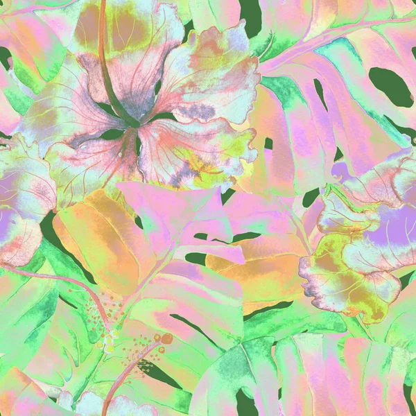 异国情调水彩艳丽的热带花和怪兽的叶子 棕榈和芙蓉植物呈无缝图案 夏天的夏威夷水彩画背景 泳衣印 — 图库照片