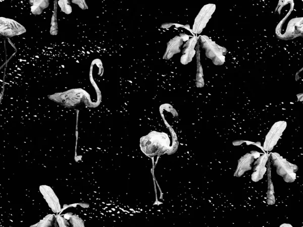 Grote Flamingo Zwart Wit Hawaiiaans Naadloos Patroon Zomer Tropische Vogels — Stockfoto