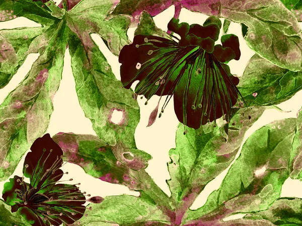 Kalın Çiçekler. Yeşil Arkaplanda Büyük Orman Kusursuz Parmak izi. Büyük Hawaii Yaz Aquarelle Maracuja Sonsuz Arkaplanı. Soyut Kalın Çiçek Yazdırma. 