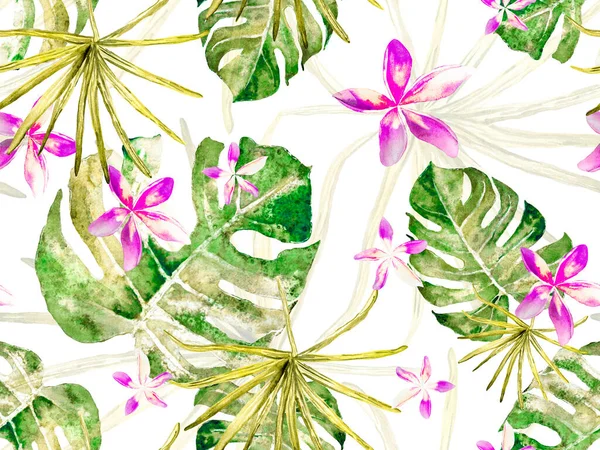 Orkide Kusursuz Desen. Egzotik Hawaii Tasarımı. Tayland döşeme dokusu. Suluboya Çiçek Geçmişi. Tropik Yaz Baskısı. Orkideli yeşil ve kırmızı mayo baskısı, Palm Leaves.