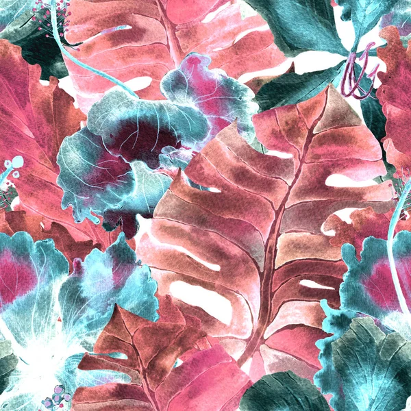Exotisch Patroon Aquarel Tropisch Bloemen Monstera Bladeren Palm Hibiscus Planten — Stockfoto