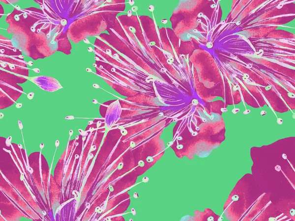 Çiçek desenli moda. Yeşil ve Kızıl Arkaplanda Büyük Tropikal Kusursuz Parmak izi. Büyük Tropik Yaz Aquarelle Maracuja Sonsuz Arkaplan. Rastgele Çiçek Deseni.