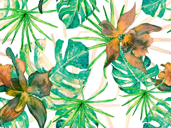 Orkideli mayo baskısı, Palm Leaves. Yeşil ve Turkuaz Suluboya Çiçek Arkaplanı. Tropik Yaz Baskısı. Orkide Kusursuz Desen. Egzotik Hawaii Tasarımı. Tayland Döşeme Dokusu.