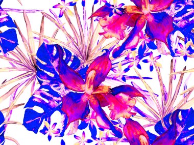 Suluboya Çiçek Geçmişi. Tropik Yaz Baskısı. Pembe ve Mor Orkide Kusursuz Şablon. Egzotik Hawaii Tasarımı. Tayland döşeme dokusu. Orkideli mayo baskısı, Palm Leaves.