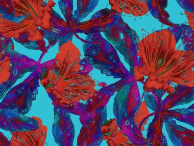 Kalın Çiçek deseni. Yeşil ve Kırmızı Arkaplanda Büyük Tropikal Kusursuz Parmak izi. Büyük Orman Bahar Aquarelle Granadilla Sonsuz Arkaplan. Kalın Çiçek Tasarımı.