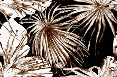 Palmiye yapraklarının eğlenceli dokusu. Tropikal Kusursuz Desen. Kahverengi ve Bej Etnik Aloha İlişkisi. Egzotik Bikini Özgeçmişi. Suluboya Yatay Tropik Tasarım. Palm Geometric Mayo Kalıbı.