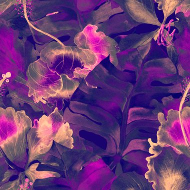 Yaz döngüsü. Suluboya tropik çiçekler ve canavar yaprakları. Palm ve Hibiscus ormanları pürüzsüz. Yaz Hawaii suluboya geçmişi. Avuç içleri, canavarlar, mayo izleri..