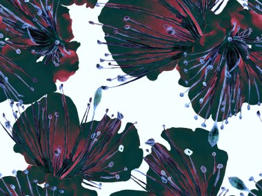 Kalın Çiçekler. Yeşil ve Kızıl Arkaplanda Büyük Hawaii Kusursuz Parmak izi. Geniş Orman Yaz Suluboya Lilikoi Sonsuz Geçmişi. Soyut Kalın Çiçek Yazdırma. 